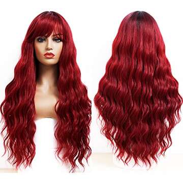 ANDRIA Red Wig with Bangs Ombre Burgundy Red Color Wig Wet and Wavy Long Loose Curly Wave Synthetic ...