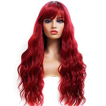 ANDRIA Red Wig with Bangs Ombre Burgundy Red Color Wig Wet and Wavy Long Loose Curly Wave Synthetic Heat Resistant Fiber Hair Gray Wigs for Women 26 Inch