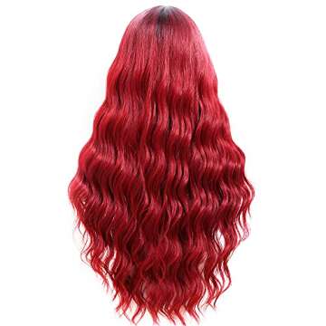 ANDRIA Red Wig with Bangs Ombre Burgundy Red Color Wig Wet and Wavy Long Loose Curly Wave Synthetic Heat Resistant Fiber Hair Gray Wigs for Women 26 Inch