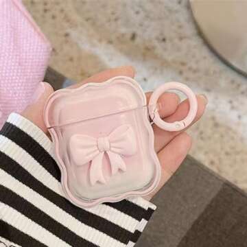 Jiarusig Compatible with Airpods Case Cover with Cleaning Kit, Cute Pink Clear TPU 3D Bow Airpod Cover Shockproof Airpods Protective Case for Girl Women with Keychain for AirPod 1st/2nd Charging Case