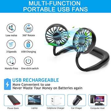 RJVW Portable Neck Fan, Hand Free Personal Hanging Neck Sports Fan USB Rechargeable (3 Speed Adjustable) Wearable Cooling Head Fan,360 Degree Free Rotation for Traveling, Sports, Office, Reading