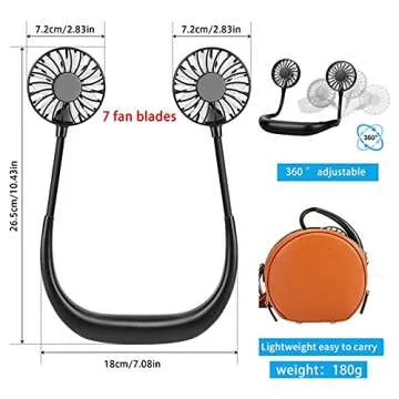 RJVW Portable Neck Fan, Hand Free Personal Hanging Neck Sports Fan USB Rechargeable (3 Speed Adjustable) Wearable Cooling Head Fan,360 Degree Free Rotation for Traveling, Sports, Office, Reading