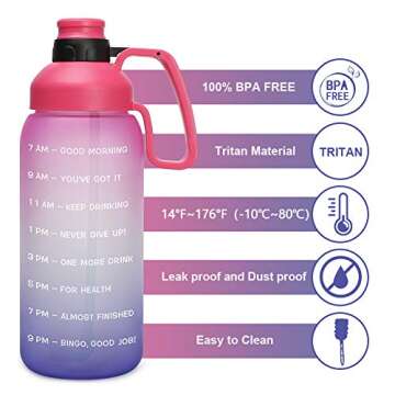Opard Half gallon Water Bottle with Time Marker, 64oz Motivational Water Jug Large Sports Water Bottle with Straw Handle BPA Free for Gym Fitness (Pink & Purple)