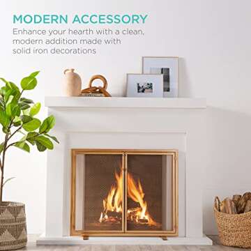 Best Choice Products 38.5x31in 2-Door Fireplace Screen, Handcrafted Wrought Iron Decorative Mesh Geometric Fire Spark Guard w/Magnetic Panels - Gold