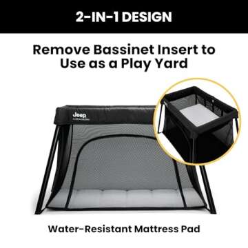 Jeep Horizon Compact Travel 2-in-1 Play Yard and Bassinet, Black