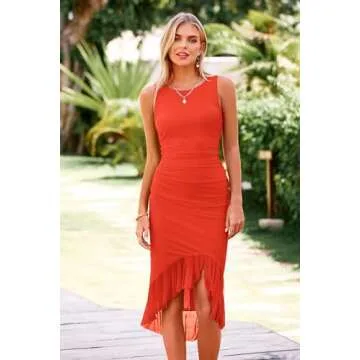 PRETTYGARDEN Women's Ruched Bodycon Dress Sleeveless High Slit Club Party Form Fitted Dresses (Orange,Medium)