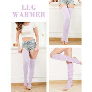 v28 Women Girls Thigh High Neon Ribbed Long 80s 90s Party Ballet Skating Leg Warmers (One Size, Hole86 - Lilac)