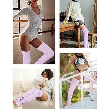 v28 Women Girls Thigh High Neon Ribbed Long 80s 90s Party Ballet Skating Leg Warmers (One Size, Hole86 - Lilac)