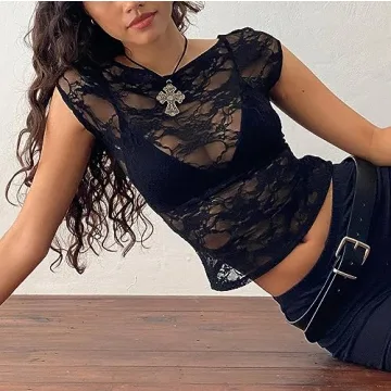 Women's Floral Lace Crop Top Y2K Sheer Mesh Tee Streetwear