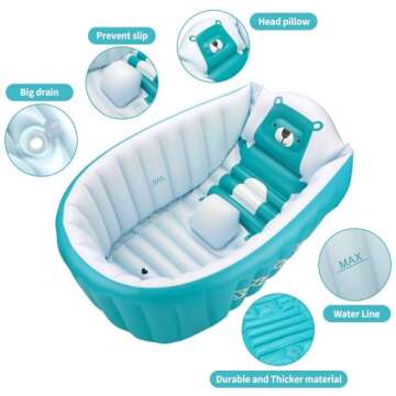 SHXKUAN Inflatable Bathing Tub for Toddler,Non Slip Safety Thick Cushion Central Seat,Portable Travel Seat Baths Baby Swimming Pool for 0-5 Year(Blue)