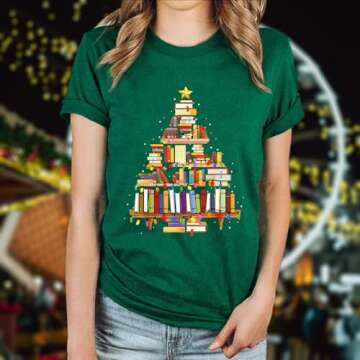 Christmas Shirts for Women Funny Christmas Books Tree T-Shirt Teachers Xmas T Shirt Book Lovers Shor...