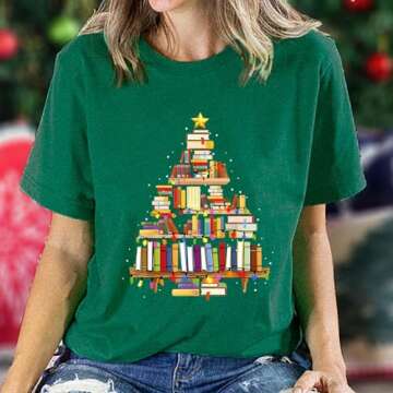 Christmas Shirts for Women Funny Christmas Books Tree T-Shirt Teachers Xmas T Shirt Book Lovers Short Sleeve Holiday Tops Book XL