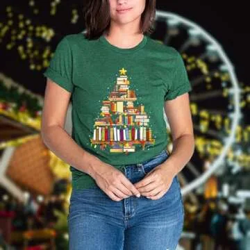 Christmas Shirts for Women Funny Christmas Books Tree T-Shirt Teachers Xmas T Shirt Book Lovers Short Sleeve Holiday Tops Book XL