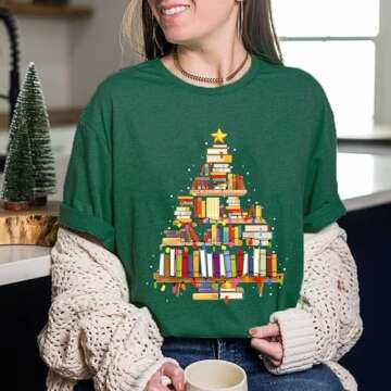 Christmas Shirts for Women Funny Christmas Books Tree T-Shirt Teachers Xmas T Shirt Book Lovers Short Sleeve Holiday Tops Book XL