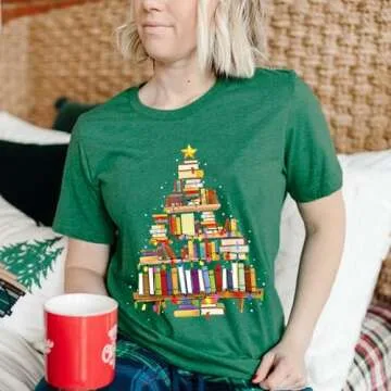 Christmas Shirts for Women Funny Christmas Books Tree T-Shirt Teachers Xmas T Shirt Book Lovers Short Sleeve Holiday Tops Book XL