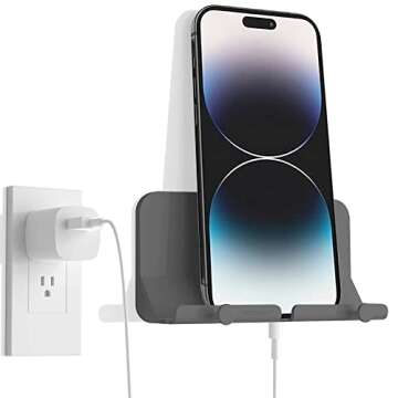 Decobay D2 Wall Mount Phone Holder, Hands Free Phone Holder with Adhesive and Data Cable Receiving Hole for Shower, Charging, RV, Compatible with iPhone, Smartphone Cables, Keys and More (Grey)