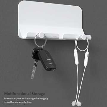 Decobay D2 Wall Mount Phone Holder, Hands Free Phone Holder with Adhesive and Data Cable Receiving Hole for Shower, Charging, RV, Compatible with iPhone, Smartphone Cables, Keys and More (Grey)