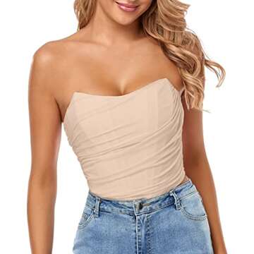 Arjungo Women's Sexy Strapless Boned Mesh Open Back Bustier Zip Up Corset Bodyshaper Crop Top