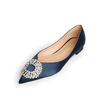 Meilygrss Pointed Toe Flats for Women Navy Blue Rhinestone Embellishments Sparkly Fashion Perfect fo...