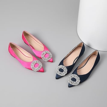 Meilygrss Pointed Toe Flats for Women Navy Blue Rhinestone Embellishments Sparkly Fashion Perfect for Social Gatherings Parties Prom and Wedding Size 8.5