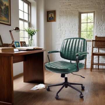 Artswish Mid Century Office Desk Chair - Green Leather Home Office Chair with Wheels and Arms