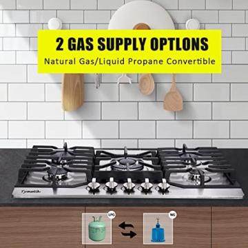 Tymetik Gas Cooktop 30 Inch, 5 High Efficiency Burners Gas Stovetop Stainless Steel Built-in Gas Stove Top Propane/Natural Gas Convertible Gas Hob