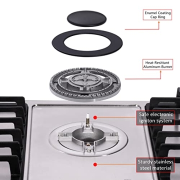 Tymetik Gas Cooktop 30 Inch, 5 High Efficiency Burners Gas Stovetop Stainless Steel Built-in Gas Stove Top Propane/Natural Gas Convertible Gas Hob