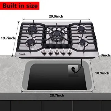 Tymetik Gas Cooktop 30 Inch, 5 High Efficiency Burners Gas Stovetop Stainless Steel Built-in Gas Stove Top Propane/Natural Gas Convertible Gas Hob
