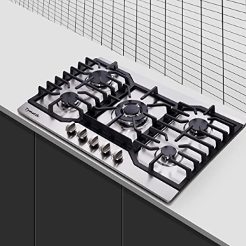 Tymetik Gas Cooktop 30 Inch, 5 High Efficiency Burners Gas Stovetop Stainless Steel Built-in Gas Stove Top Propane/Natural Gas Convertible Gas Hob