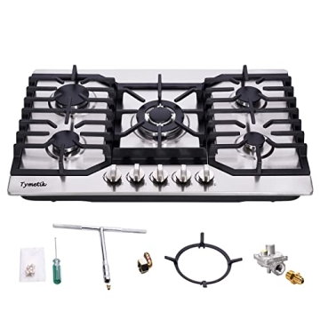 Tymetik Gas Cooktop 30 Inch, 5 High Efficiency Burners Gas Stovetop Stainless Steel Built-in Gas Stove Top Propane/Natural Gas Convertible Gas Hob