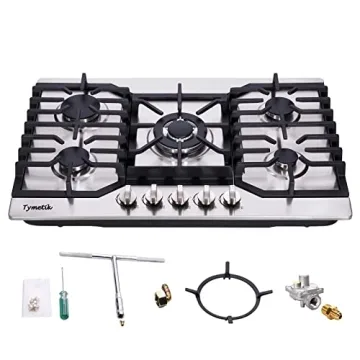 Tymetik Gas Cooktop 30 Inch, 5 High Efficiency Burners Gas Stovetop Stainless Steel Built-in Gas Stove Top Propane/Natural Gas Convertible Gas Hob