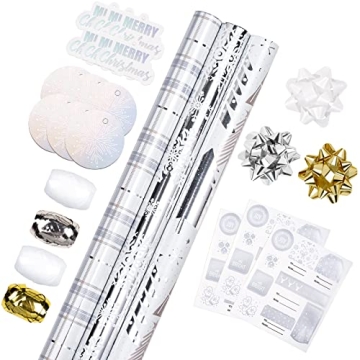 LeZakaa Christmas Wrapping Paper Bundle - Mini Roll with Bow, Ribbon, Sticker and Gift Tag - Gray Me...
