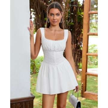 HTZMO Square Neck Lace Ruched Y2k Short Dress Backless Ruffle Hem Casual Party Slip Mini Sundress for Women White S