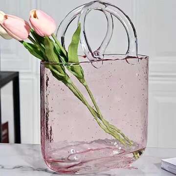 Glass Vase with Elegant Purse Design, Hand Purse vase with Fish Bowl, Unique Flower Vase with Handle...
