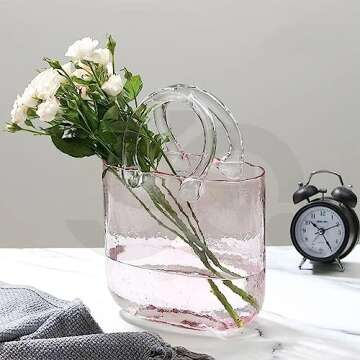 Glass Vase with Elegant Purse Design, Hand Purse vase with Fish Bowl, Unique Flower Vase with Handle and Bubbles - for Home Decor/Office/Garden/Wedding Decor/Enterpiece/Events(Light Pink)