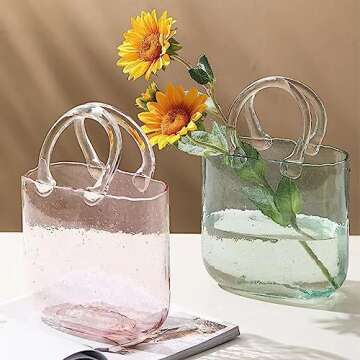 Glass Vase with Elegant Purse Design, Hand Purse vase with Fish Bowl, Unique Flower Vase with Handle and Bubbles - for Home Decor/Office/Garden/Wedding Decor/Enterpiece/Events(Light Pink)