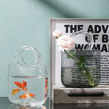 Glass Vase with Elegant Purse Design, Hand Purse vase with Fish Bowl, Unique Flower Vase with Handle and Bubbles - for Home Decor/Office/Garden/Wedding Decor/Enterpiece/Events(Light Pink)