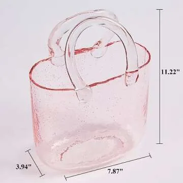 Glass Vase with Elegant Purse Design, Hand Purse vase with Fish Bowl, Unique Flower Vase with Handle and Bubbles - for Home Decor/Office/Garden/Wedding Decor/Enterpiece/Events(Light Pink)