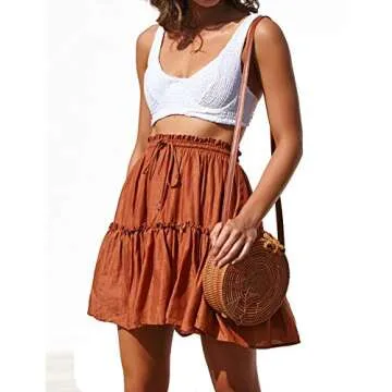 Stylish Relipop Women's Flared Short Skirt - Polka Dot Pleated Mini Skater with Drawstring (Caramel,...