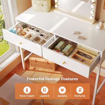 SUPERJARE 35.4" White Modern Home Office Desk with 2 Drawers, Padded Stool, Computer Desk for Study, Makeup, Gaming