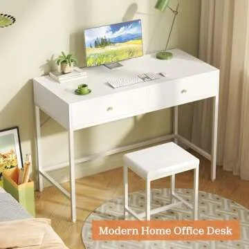 SUPERJARE 35.4" White Modern Home Office Desk with 2 Drawers, Padded Stool, Computer Desk for Study, Makeup, Gaming