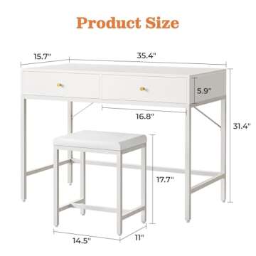 SUPERJARE 35.4" White Modern Home Office Desk with 2 Drawers, Padded Stool, Computer Desk for Study, Makeup, Gaming