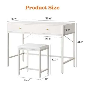 SUPERJARE 35.4" White Modern Home Office Desk with 2 Drawers, Padded Stool, Computer Desk for Study, Makeup, Gaming