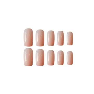 Foccna 24pcs Nude Fake Nails Square Glossy Press on Nail Medium Length False Tips Artificial Finger Manicure for Women and Girls