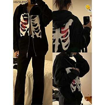 KOSUSANILL Y2k Zip Up Hoodie for Women Long Sleeve Skeleton Graphic Vintage Aesthetic Oversized Sweatshirt 90s E girl Teen Gothic Goth Harajuku Sweater Halloween Casual Top Jacket (Black Skull, L)