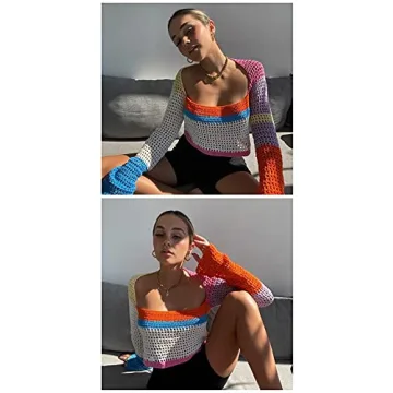 Y2K Women Long Sleeve Crochet Knit Color Block Crop Top