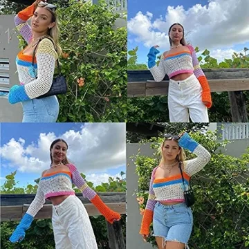 Y2K Women Long Sleeve Crochet Knit Color Block Crop Top