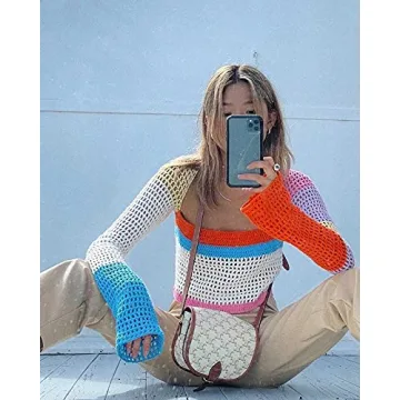 Y2K Women Long Sleeve Crochet Knit Color Block Crop Top
