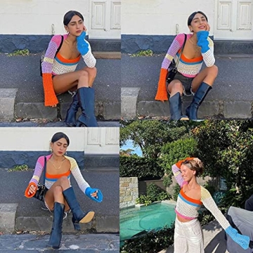 Y2K Women Long Sleeve Crochet Knit Color Block Crop Top