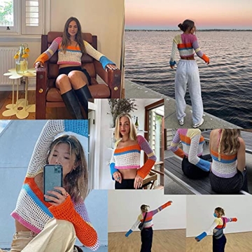 Y2K Women Long Sleeve Crochet Knit Color Block Crop Top